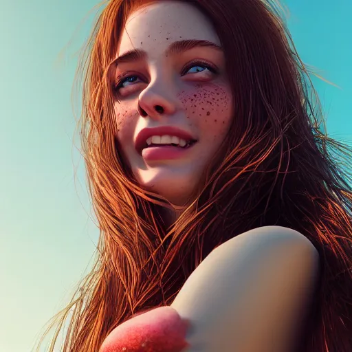 Image similar to portrait of a cute thin young woman, bronze brown hair, eye color is emerald green, red blush, cute freckles, smug smile, modern clothes, relaxing on the beach, golden hour, close up shot, 8 k, art by irakli nadar, hyperrealism, hyperdetailed, ultra realistic