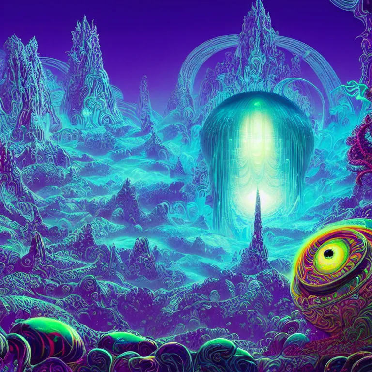 Prompt: mysterious eyeball hovers over mythical crystal temple, fractal waves, synthwave, bright neon colors, highly detailed, cinematic, eyvind earle, tim white, philippe druillet, roger dean, ernst haeckel, lisa frank, aubrey beardsley