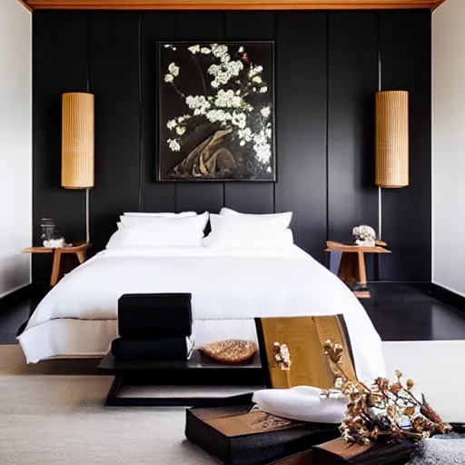 Image similar to bedroom, interior design, stylish luxury hotel bedroom design, yakisugi, black vertical slatted timber, textures, feminine, black walls, art, Japanese pottery vase with flowers, kakejiku Japanese scroll, seasonal, Japanese influences