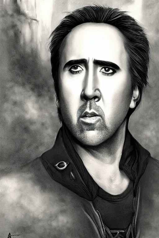 Image similar to a portrait of a Nicolas Cage in a scenic environment by Artgerm, detailed,