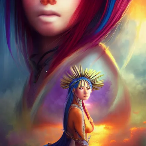 Image similar to rimuru tempest from tensura as a mayan matriarch, with amber eyes of golden colored eyes, straight hair, sky blue hair, long bangs, high collar, concept art, award winning photography, digital painting, cinematic, wlop, 8 k, by ross tran, tom bagshaw, andy warhol