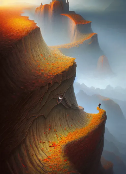 Image similar to autumn mornings in the low - poly cliffs of illusions, diffuse lighting, fantasy, intricate, surrealism!!!!, highly detailed, lifelike, photorealistic, digital painting, artstation, illustration, concept art, smooth, sharp focus, by greg rutkowski, chris tulloch mccabe, valentina remenar and asher duran,