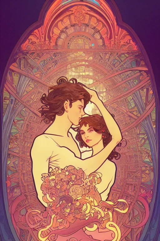 Prompt: a man and women in love, flowing book pages, romantic, glowing neon, infinite library, elegant intricate digital painting artstation concept art smooth sharp focus illustration, art by josan gonzales and alphonse mucha