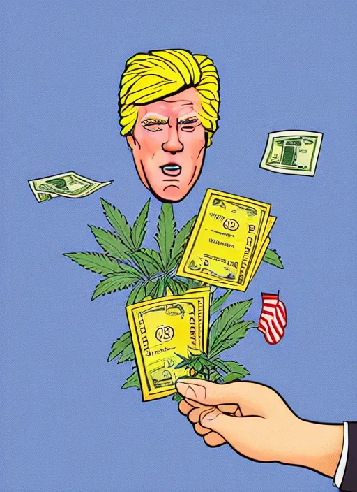 Image similar to digital portrait of a enthusiastic person looking like donald trump cultivating weed, holding pack of dollars in right hand, illustration realistic