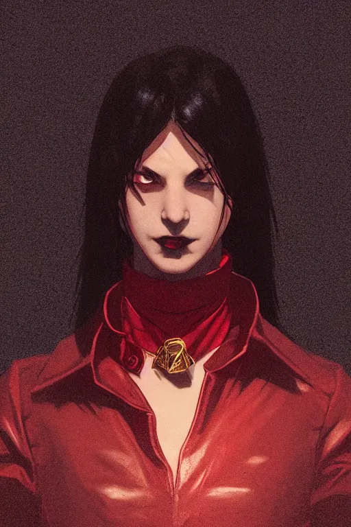 Prompt: half - body, vampire of clan lasombra, shadows, night, fog, black eyes, leather jacket, red shirt, modern city background, gold choker, artstation, ilya kuvshinov, william bouguereau, rossdraws, greg rutkowski, super detailed, realistic, octane render, volumetric, cinematic