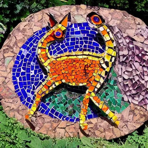 Image similar to mosaic sculpture of a alebrije chimera, irregularly shaped mosaic tiles, hand glazed pottery shards, in the style of folk art, in a cottagecore flower garden