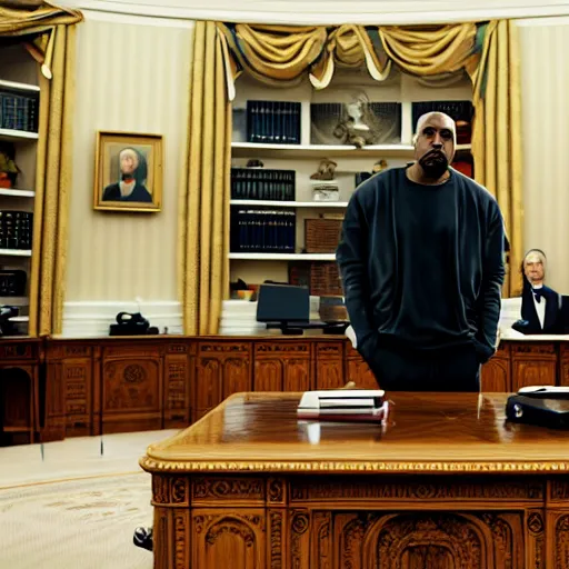 Image similar to photo of kanye west in the oval office, white house, movie still, cinematic, 8 k, unreal engine, 3 d render