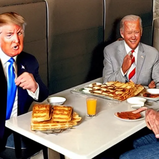 Image similar to photograph of trump and Biden sitting and eating breakfast at a Wafflehouse