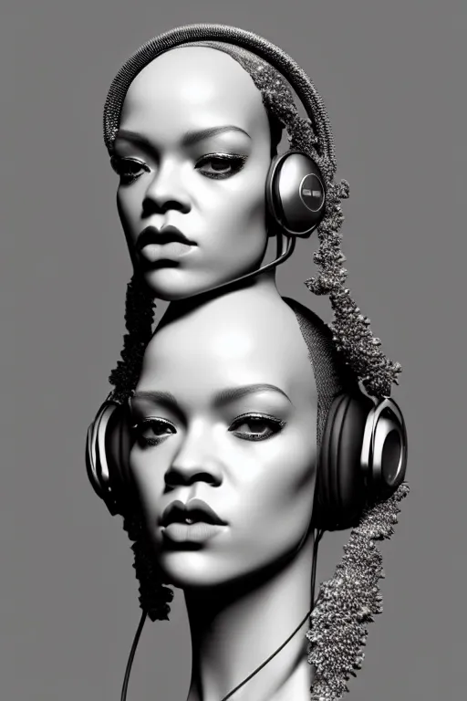 Prompt: complex 3d render ultra detailed of a beautiful porcelain profile rihanna face with headphones by beats by dre, biomechanical cyborg, analog, 150 mm lens, beautiful natural soft rim light, big leaves and stems, roots, fine foliage lace, silver dechroic details, massai warrior, Alexander Mcqueen high fashion haute couture, pearl earring, art nouveau fashion embroidered, steampunk, intricate details, mesh wire, mandelbrot fractal, anatomical, facial muscles, cable wires, microchip, elegant, hyper realistic, ultra detailed, octane render, H.R. Giger style, volumetric lighting, 8k post-production