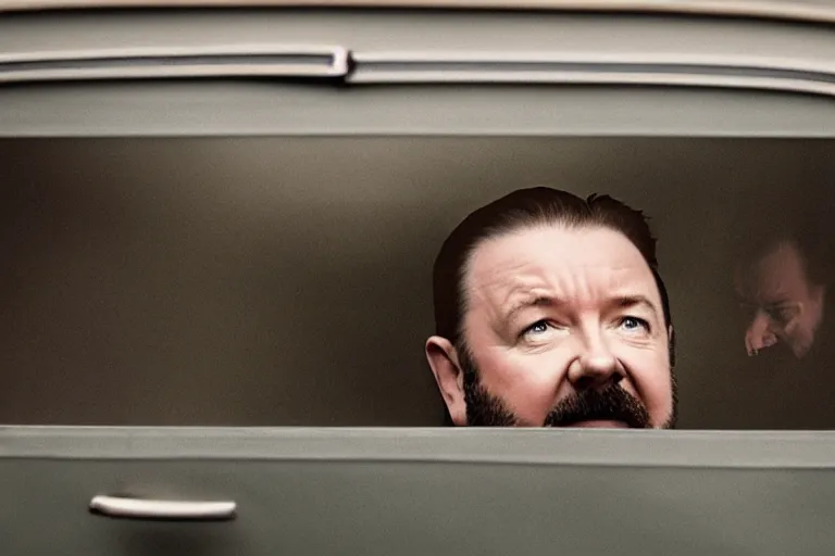 Image similar to a cinematic painting of ricky gervais looking through a steamed up limousine window, paparazzi, beautiful lighting, high depth, ultra realistic, artistic, by annie leibovitz