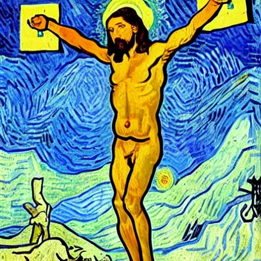 Image similar to Ja-rule appears as Jesus, crucified on cross, painting by Van Gogh