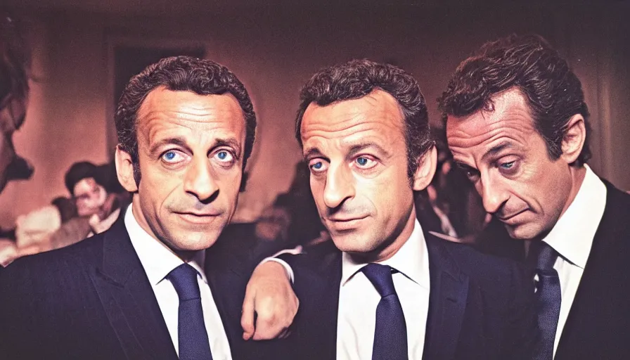 Prompt: 70s movie still of Nicolas Sarkozy and Emmanuel Macron with highly detailed face , cinestill 800t 18mm heavy grain, cinematic, dramatic dark lighning, brooklyn at night neon boards