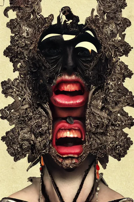 Image similar to Detailed maximalist portrait with large lips and with large eyes, vampire fangs, angry, exasperated expression, HD mixed media, 3D collage, highly detailed and intricate illustration in the style of Caravaggio, dark art, baroque