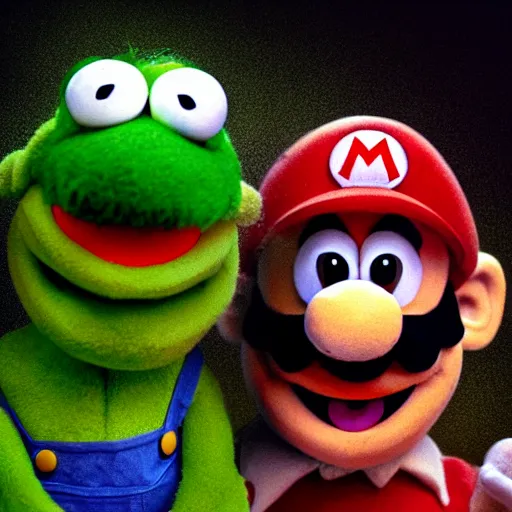 Image similar to A still of Mario and Luigi as muppets, photo real, photographic, photograph, artstation, trending, award winning, epic lighting, featured