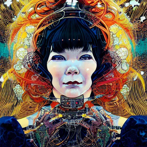 Image similar to portrait of crazy beautiful singer bjork, ymmetrical, by yoichi hatakenaka, masamune shirow, josan gonzales and dan mumford, ayami kojima, takato yamamoto, barclay shaw, karol bak, yukito kishiro