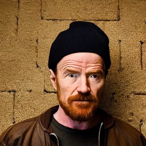 Image similar to Live Action Still of Bryan Cranston dressed as Jesse Pinkman wearing a beanie, real life, hyperrealistic, ultra realistic, realistic, highly detailed, epic, HD quality, 8k resolution, body and headshot, film still