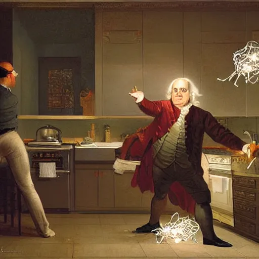 Image similar to benjamin franklin angrily throwing a string of led lights in the trash in a modern kitchen by rockwell