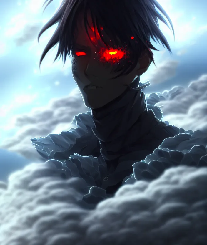 Image similar to a detailed manga illustration character full body portrait of a dark haired cyborg anime man shrouded in clouds of dark smoke and fire, trending on artstation, digital art, 4 k resolution, detailed, high quality, sharp focus, hq artwork, insane detail, concept art, character concept, character illustration, full body illustration, cinematic, dramatic lighting