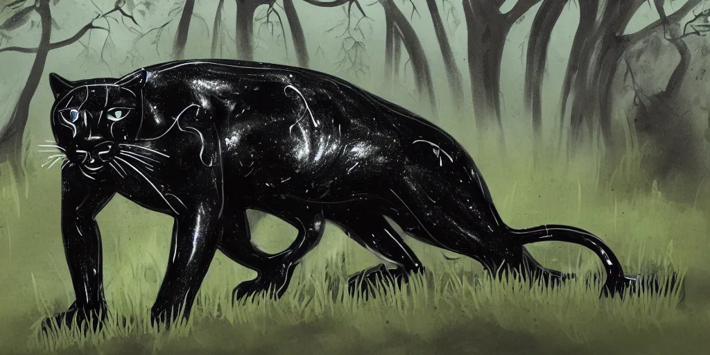 Image similar to a panther, made of smooth black goo, prowling through the forest, viscous, sticky, full of tar, covered with black goo. concept art, painting, animal drawing, color, savanna, wildlife photography, black goo, cinematic, in the style of research drawings