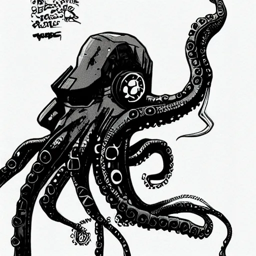 Image similar to a cyberpunk octopus, in the style of Ashley Wood and Moebius