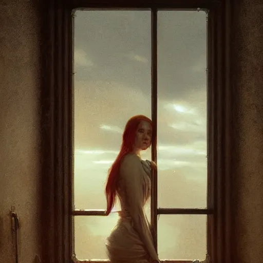 Image similar to young beautiful woman, view from window, sunset, high detail, dramatic light, digital art, chiaroscuro, painted by seb mckinnon, painted by greg rutkowski, painted by caspar david friedrich, trending on artstation