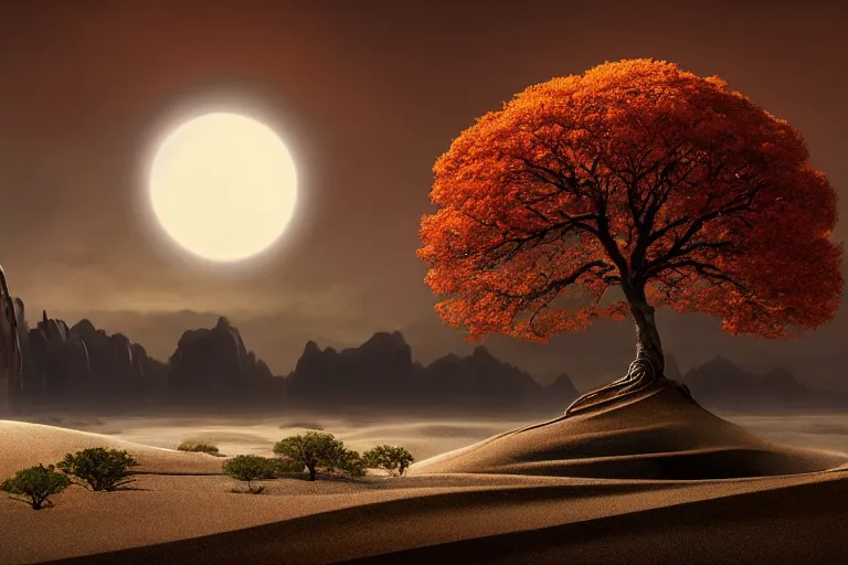 Image similar to cinematic fantasy landscape painting, an eclipse, over an autumn maple bonsai grows on a desolate sand dune in front of a primordial mountainous landscape by hr giger and jessica rossier