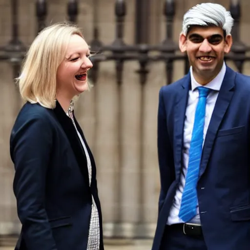 Image similar to Liz truss and Rishi sunak and the devil laughing together in parliament. Daily Telegraph.