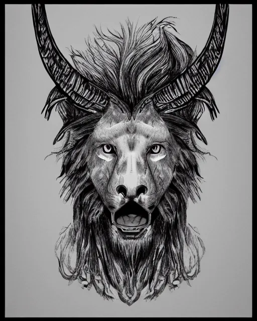 Image similar to human / eagle / lion / ox hybrid. horns, beak, mane. symmetrical. drawn by da vinci