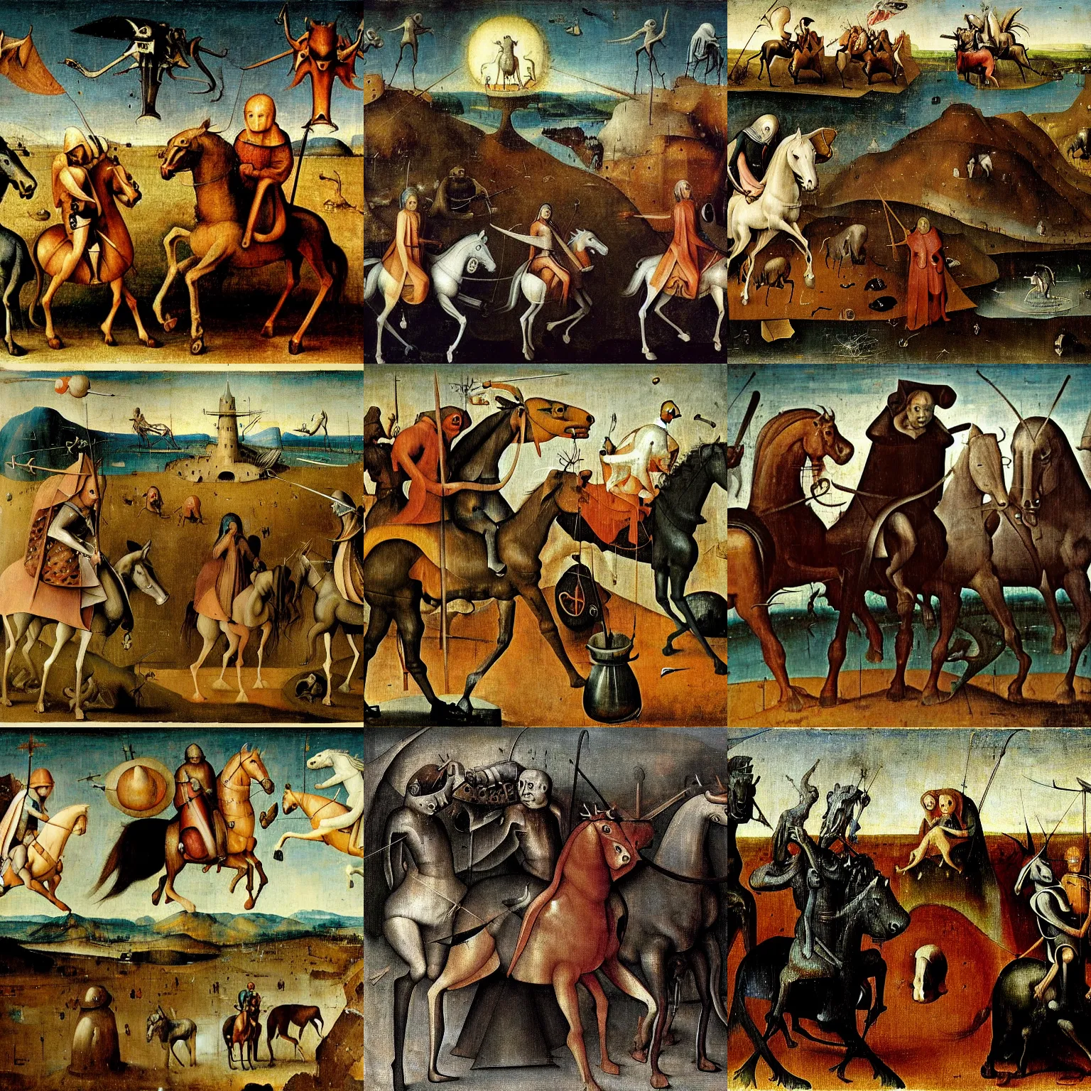 Prompt: the four horsemen of the apocalypse by hieronymus bosch