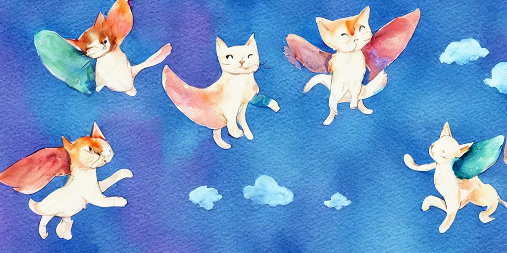 Prompt: watercolor illustration style, flying cute cats with tiny blue wings