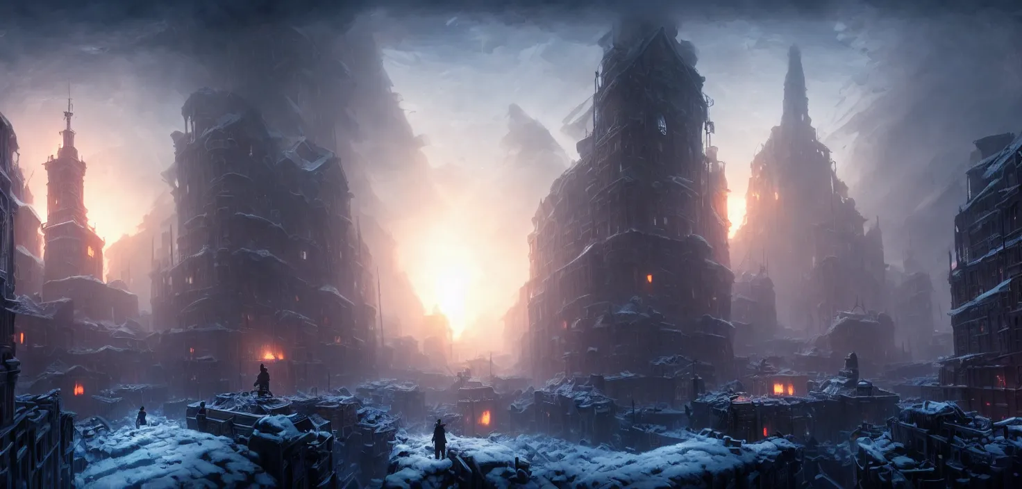 Prompt: frostpunk portal city, cinematic view, epic sky, no people, detailed, concept art, high detail, warm lighting, volumetric, godrays, vivid, beautiful, trending on artstation, by jordan grimmer, huge scene, art greg rutkowski