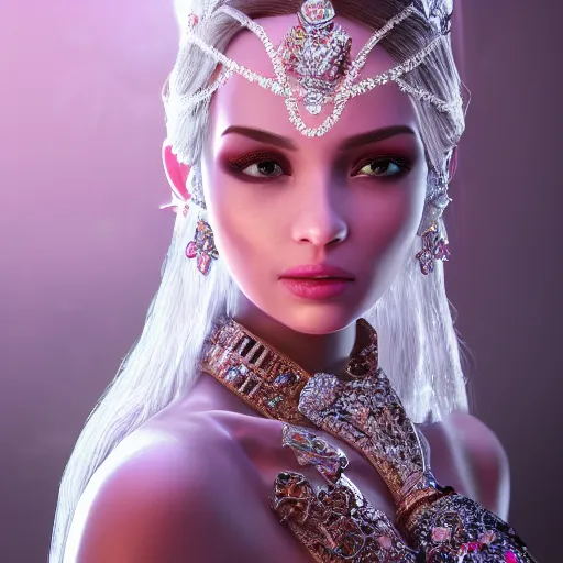 Image similar to portrait of wonderful princess of diamond with fair skin, ornate with diamonds, 8 k, gorgeous, intricate, detailed, glowing white accent lighting, dramatic lighting, octane render