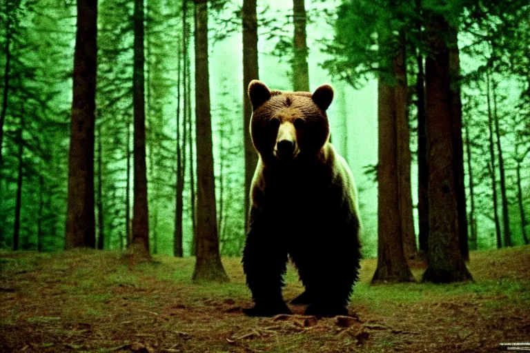 Prompt: a movie still of a bear in a forest by walerian borowczyk, immoral tales, grain, technicolor, high definition, remastered, wide angle, 7 0 mm, wide shot, cinematic