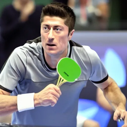 Image similar to Robert Lewandowski playing table tennis on a tournament, table tennis racquet in his hand, high quality news photography