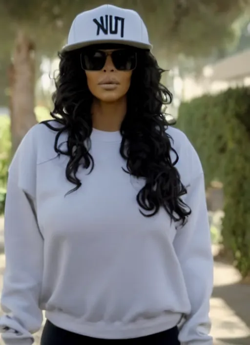 Prompt: film still of kim kardashian as eazy e in straight outta compton, cinematic lighting,