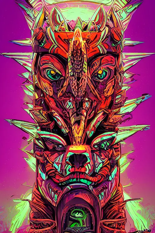 Image similar to totem animal tribal chaman vodoo mask feather gemstone plant wood rock video game illustration vivid color borderlands by josan gonzales and dan mumford radiating a glowing aura