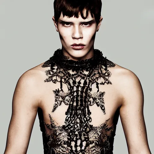 Image similar to a portrait of a beautiful young male wearing an alexander mcqueen bodysuit made of rock lace , photographed by andrew thomas huang, artistic
