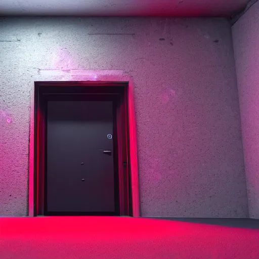 Image similar to a bunker door surrounded by red lights, 3d render, unreal engine style, ray tracing, high detail