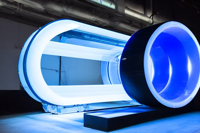 Prompt: dark blue transparent plastic hyperloop pipe belt opening glowing in the dark space capsule