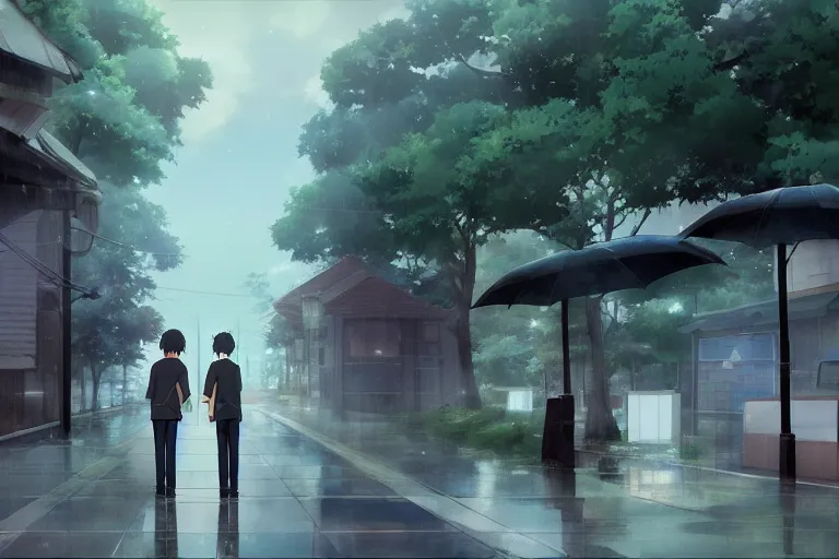 Image similar to Two anime handsome guys, Makoto Shinkai, rainy day