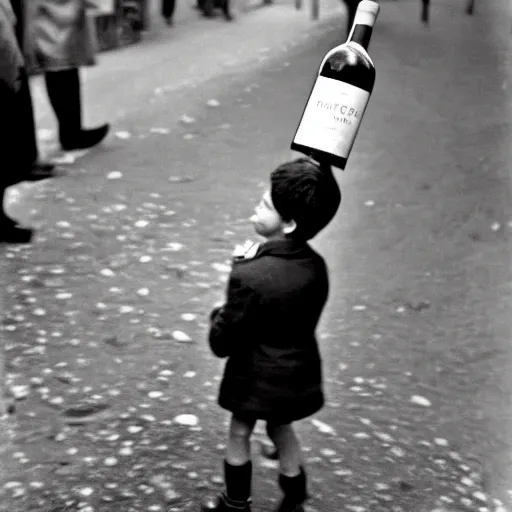 Image similar to the boy holding wine bottle in paris street, by henri cartier bresson,