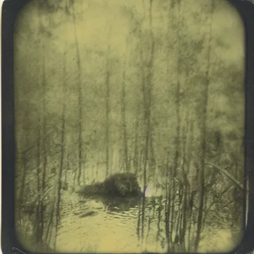 Image similar to creepy lovecraftian monster in swamp, 1 9 1 0 polaroid photo