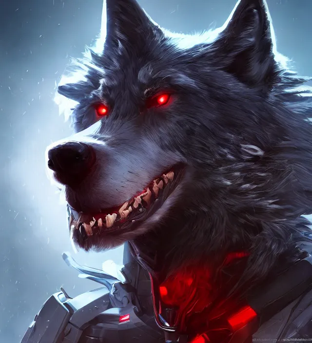 Image similar to portrait of a anthropomorphic dark gray wolf with red hair in a futuristic city, hyper detailed, digital art, trending in artstation, cinematic lighting, studio quality, smooth render, unreal engine 5 rendered, octane rendered, art style by pixar dreamworks warner bros disney riot games and overwatch.