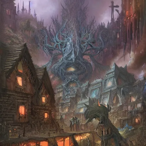 Image similar to an epic hyperdetailed 3 d matte painting of a wiccan shantytown in the victorian village surrounded by colossal biomorphic hallucinogenic demonic eldritch beings by peter mohrbacher by gerald brom by yoji shinkawa by richard michael gorman powers
