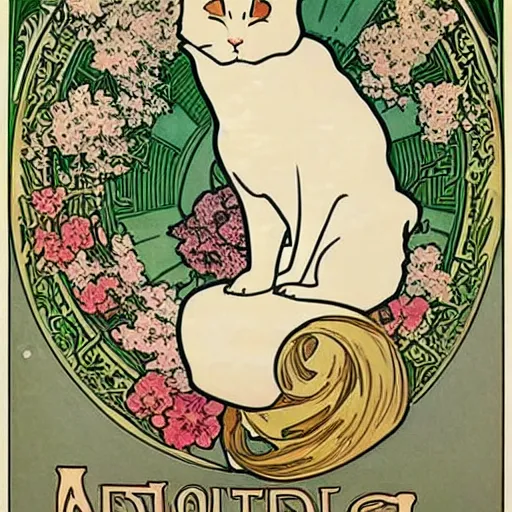 Image similar to beautiful, art nouveau advertisement, in the style of Alphonse Mucha, white short haired cat surrounded by flowers