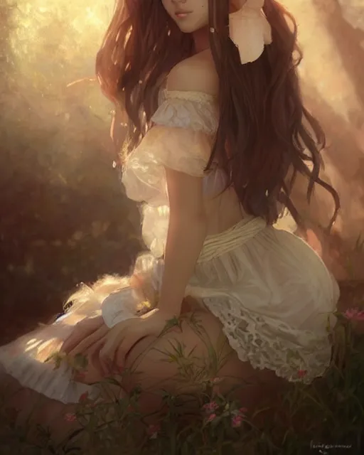 Prompt: aerith gainsborough in lace skirt, portrait, illustration, rim light, top light, perfectly shaded, soft painting, art by ross tran, krenz cushart and wenjun lin