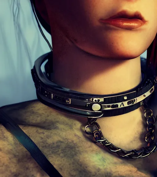 Image similar to detailed realistic female character cyberpunk wearing thick steel collar around neck, realistic, art, beautiful, 4K, collar, choker, collar around neck, punk, artstation, detailed, female, woman, choker, cyberpunk, neon, punk, collar, choker, collar around neck, thick collar, tight around neck, punk, choker