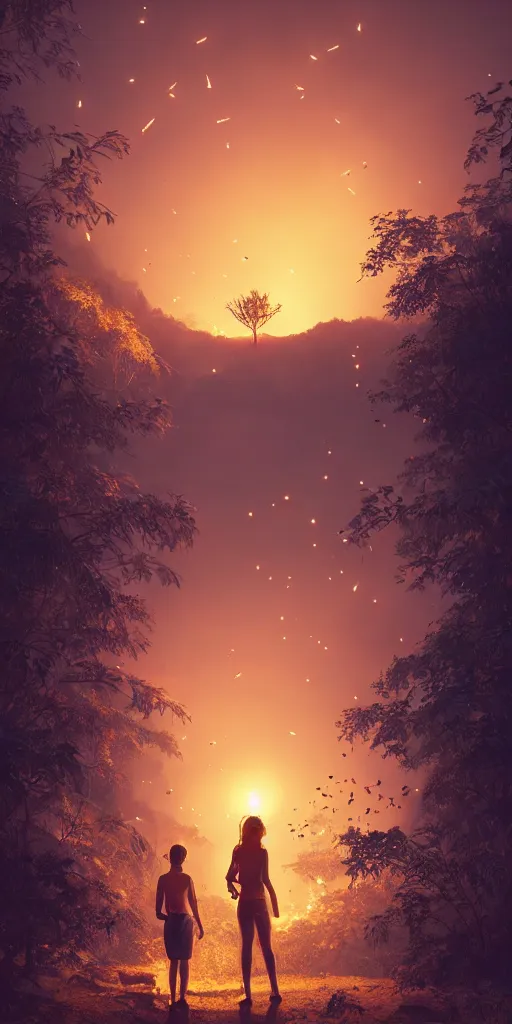 Image similar to symmetry!! they stared at the fireflies as they filled the scenery, surreal landscape, golden hour, very detailed, perfect composition, perfect lighting, 4 k, trending on artstation, greg rutkowski, derek zabrocki, artgerm, photograph, realistic, octane render, 3 d, blender