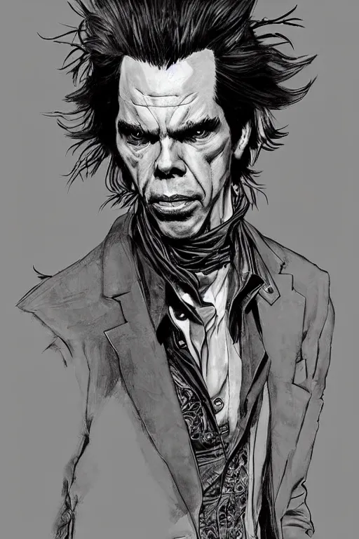 Image similar to full body portrait of nick cave, concept art, sumi - e style, intricate linework, artstation, trending, highly detailed, smooth, focus, art by yoji shinkawa and glenn fabry,