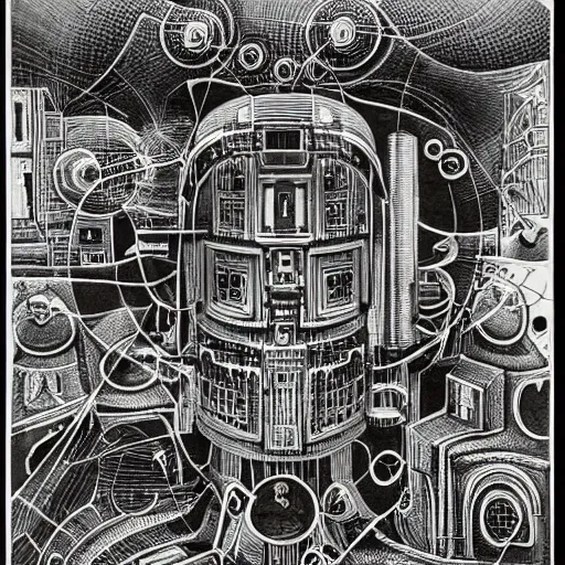Prompt: a technical drawing of a robotic deity fused with abandoned architecture plans, highly detailed , black and white color scheme, fine lines and graphite, stanley donwood,